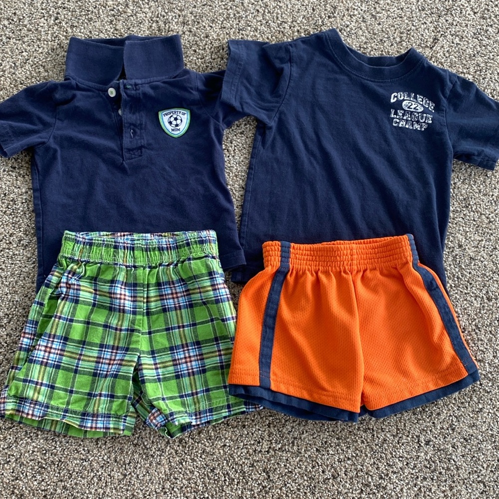12 month shorts sets. Polo and plaid. Navy short sleeve tee and orange mesh.
